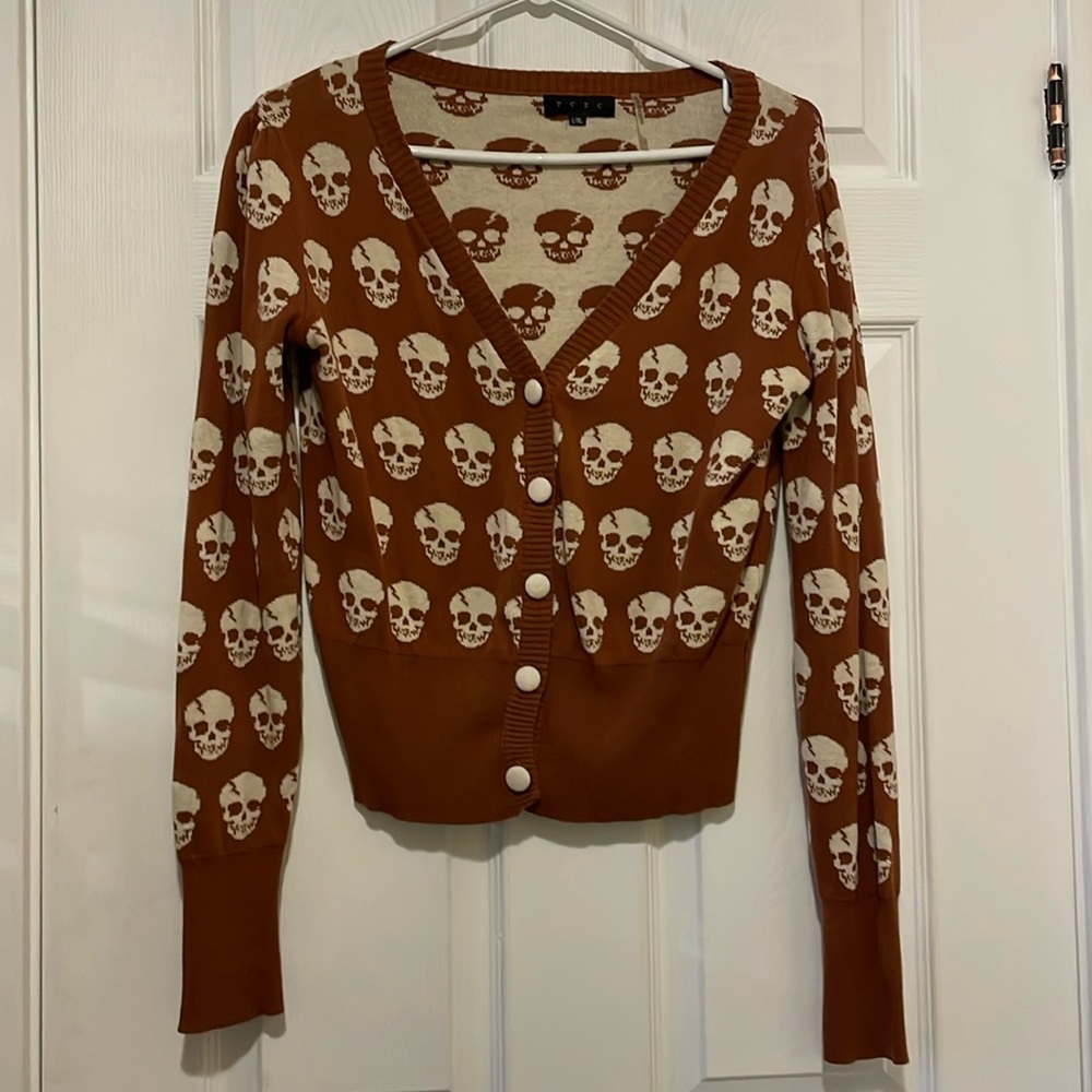 RARE skeleton skull cardigan rust brown tan sweater rockabilly punk metal goth